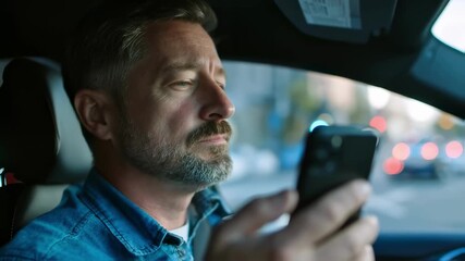 Middle aged businessman drinking coffee and using smartphone while driving car in city at night, potentially engaging in distracted driving