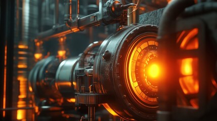 Futuristic steampunk engine room, glowing orange core, pipes, machinery