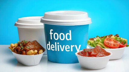 Fast food delivery showcase with burgers, fries, and coffee cups on blue background