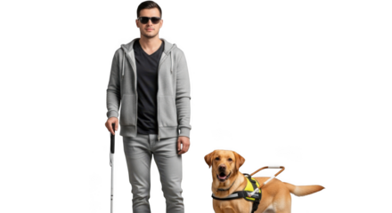 Young man wearing sunglasses with a guide dog and cane isolated on transparent background