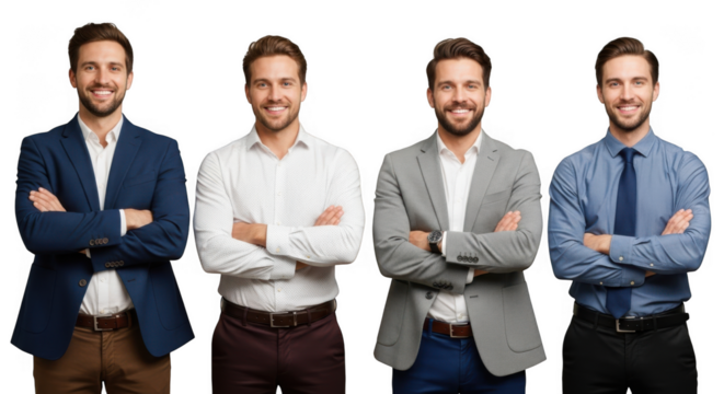 Four identically dressed men with arms crossed on a black background isolated on transparent background