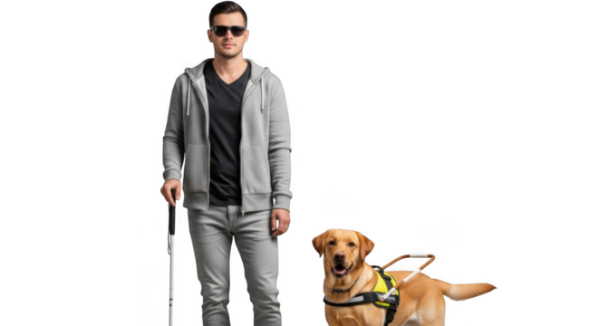 Young man wearing sunglasses with a guide dog and cane isolated on transparent background