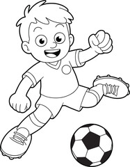 Energetic cartoon soccer player kicking ball in sports uniform, dynamic action pose, perfect for children’s coloring books and athletic activity illustrations