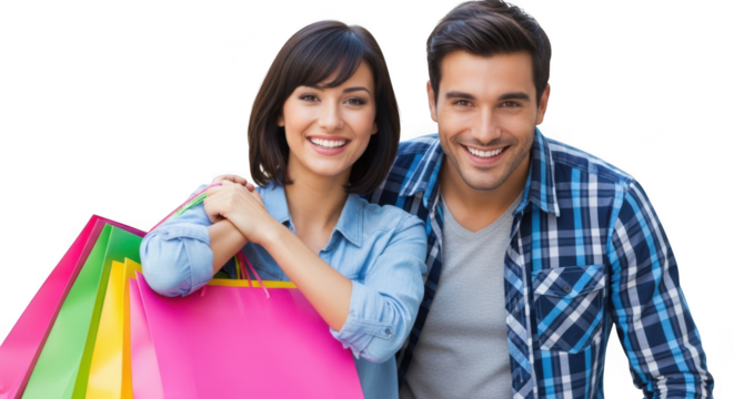 Happy couple with colorful shopping bags enjoying a day out together isolated on transparent background