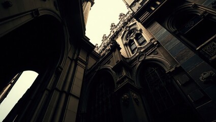 A low angle view of a gothic building with arches and ornate windows against a bright sky above it all