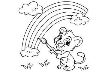 Obraz premium Cute cartoon cat artist painting on canvas illustration, black and white coloring page