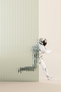 Astronaut stepping through distorted fluted 3D panels
