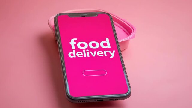 Seamless transition of food delivery app on smartphone in vibrant pink setting