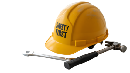 Safety first hardhat with wrench and hammer for construction and industrial safety equipment on transparent background
