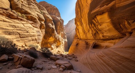 Grand Desert Canyon Landscape with Rugged Rock Walls and Clear Blue Sky on a Sunny Day