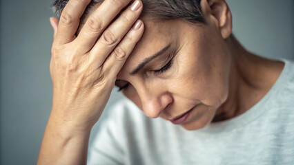 Worried mature woman suffering from a headache and stress. A close-up portrait symbolizing anxiety, depression, burnout, and mental health issues.