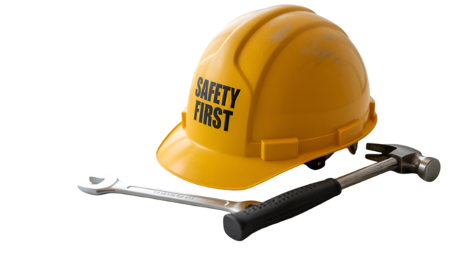 Safety first hardhat with wrench and hammer for construction and industrial safety equipment on transparent background