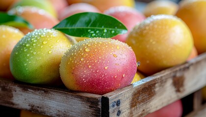 Freshly harvested ripe mangoes with glistening water drops, showcasing vibrant red and yellow hues in a rustic wooden crate.