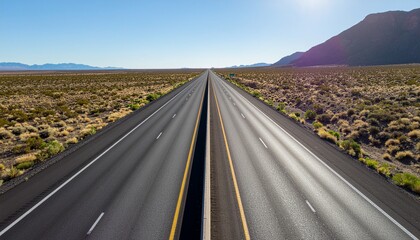 Endless straight highway disappearing into the distant horizon of a vast American desert landscape.