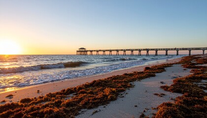 Scenic coastal landscape view of a long fishing pier at golden sunset with sargassum seaweed on the sandy shoreline