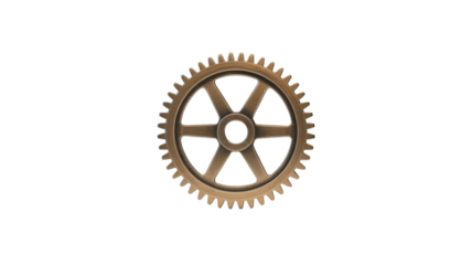 Single bronze cogwheel with intricate gear teeth and spoke design for mechanical concepts on transparent background