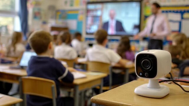 Medium shot showing a teacher adjusting video conferencing equipment with the classroom and students in the background out of focus. - Powered by Adobe