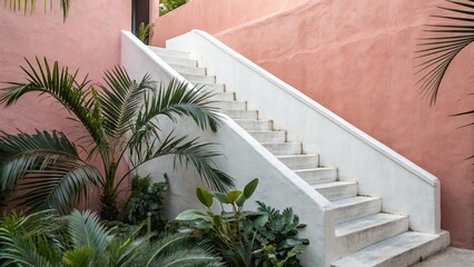 Minimalist White Concrete Staircase Against a Pink Terracotta Wall with a Tropical Plant