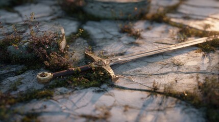 Fototapeta premium Ancient sword lying on cracked stone ground with moss and sunlight in a mystical fantasy setting