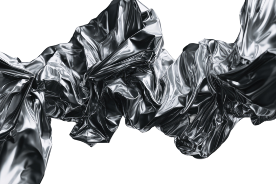 Abstract metallic folds.  A dark gray, highly reflective,  wrinkled sheet of material,  draped in flowing, dynamic folds