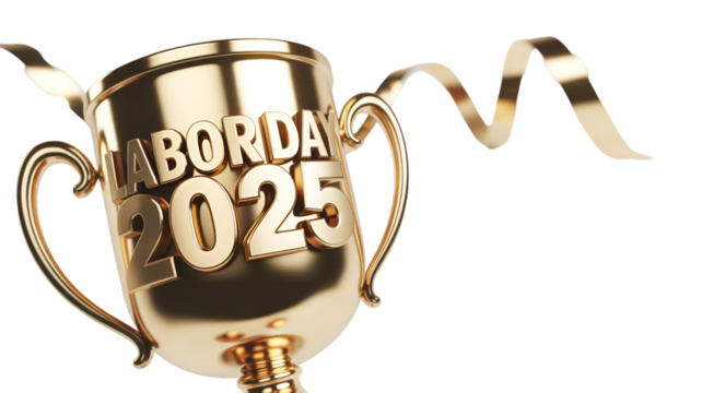 Golden labor day 2025 trophy with ribbon celebrating workers and their achievements on transparent background