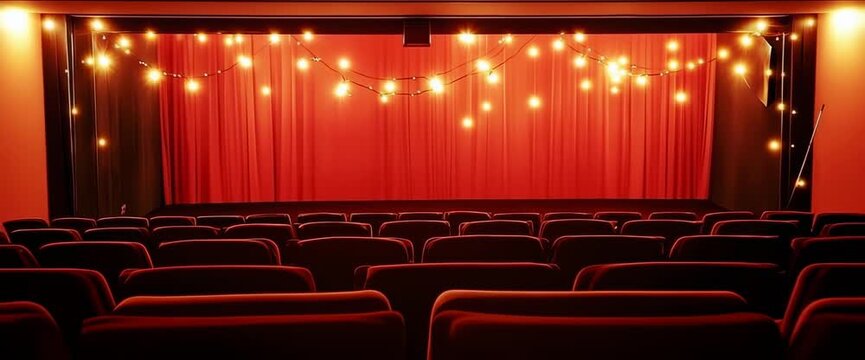 A movie theater with a red and black color scheme. The seats are empty and the lights are on