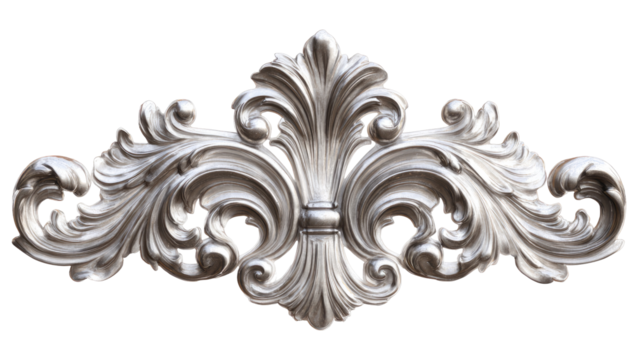 Ornate, silver-toned, decorative trim.  A detailed, symmetrical,  floral design with flowing,  acanthus-like leaves and  a central,  raised band