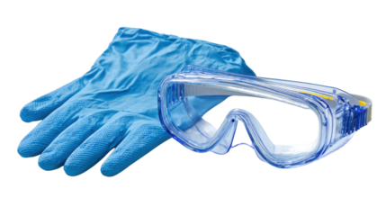Protective Safety Goggles and Blue Medical Gloves on white background