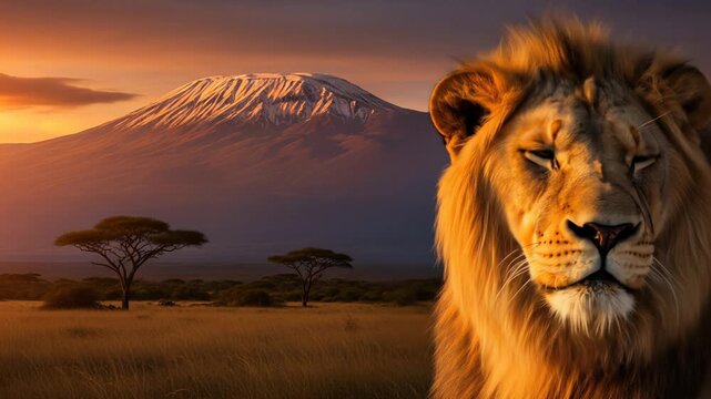 Majestic Lion Portrait With Mount Kilimanjaro Backdrop at Sunset Displaying Warm Golden Light Over Grassy Plains And African Landscape