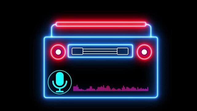 Abstract neon retro boombox cassette player with glowing speakers and rolling music tape. Vintage ghetto blaster radio animation designed for parties, dance occasions, nightclubs and music events.