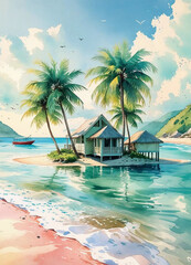 Watercolor beach landscape with seashell and palm tree, beautiful ocean painting,  coastal, tropical beach, summer sunset beach vacation art illustration