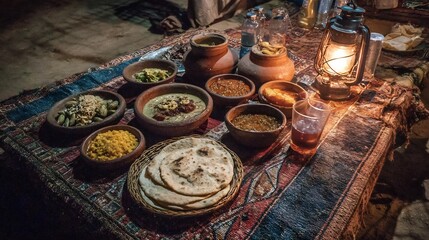 Pakistani village dinner clay pots chapati lentils and pickles on a charpai under lantern light cultural food scene