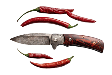 A damascus steel knife surrounded by red chili peppers