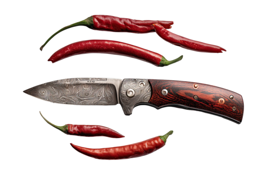 A damascus steel knife surrounded by red chili peppers
