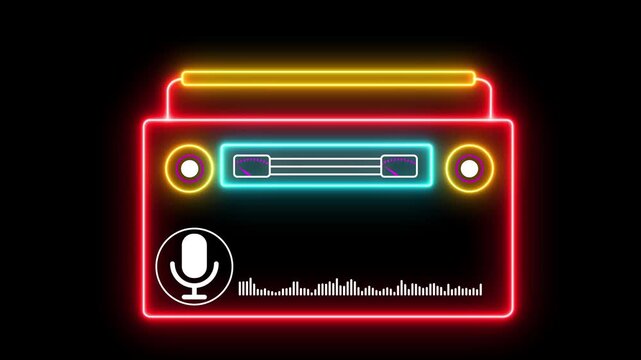 Abstract neon retro boombox cassette player with glowing speakers and rolling music tape. Vintage ghetto blaster radio animation designed for parties, dance occasions, nightclubs and music events.