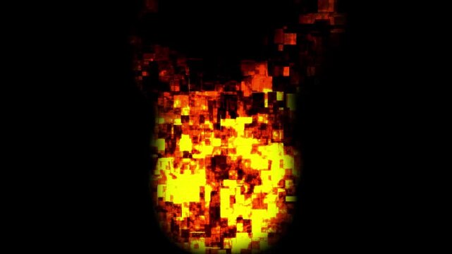 Super slow motion of pixelated fire blast isolated on black background. Filmed on high speed cinema camera.