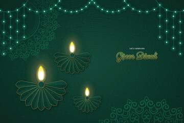 An eco-friendly concept for the Indian festival of lights. This background features glowing paper craft diyas and string lights for a sustainable celebration.