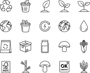 Sustainable eco line icons set with recycling, compostable packaging, plants, earth, renewable energy, natural food, organic certification, green living