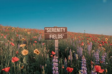Serenity fields sign amidst a vibrant wildflower meadow