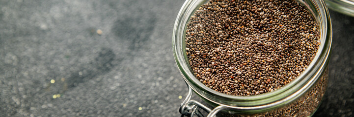 Chia seeds healthy superfood tasty snack fresh delicious gourmet food background on the table rustic food top view copy space keto and paleo diet vegan and vegetarian food