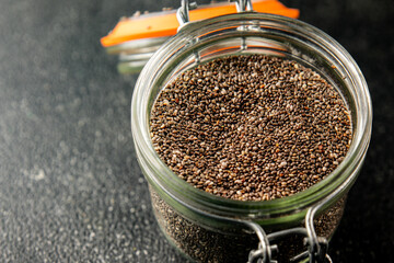 Chia seeds healthy superfood tasty snack fresh delicious gourmet food background on the table rustic food top view copy space keto and paleo diet vegan and vegetarian food