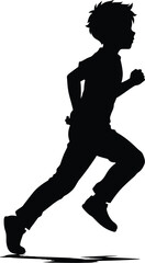 Black silhouette of a running boy vector illustration, a dynamic side view of a young male with a spiky hairstyle jogging forward, symbolizing activity, youth, and health.