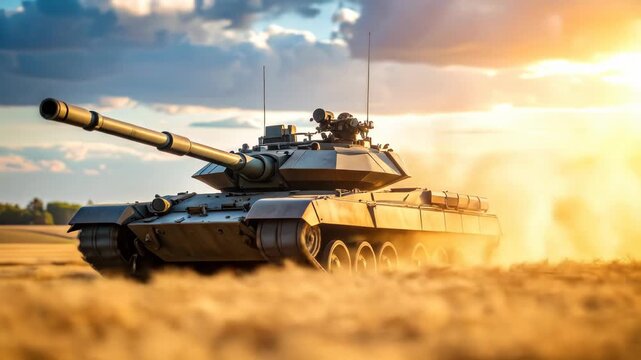 Tank drives fast across field at sunset. Heavy military vehicle moving