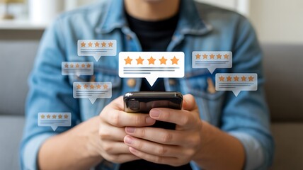 Person's hands holding smartphone displaying customer reviews and ratings overlays