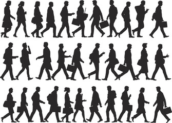 Walking business people silhouettes, corporate professionals, office workers, teamwork concept, busy lifestyle, company employees, urban workforce, leadership, collaboration, success