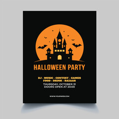 Halloween Party Invitation Poster Design with Castle and Bats