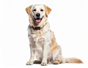 Radiant Golden Retriever: A cheerful golden retriever, radiating happiness and joy, poses in a photorealistic studio, its warm eyes and welcoming smile instantly captivate and warms the heart.