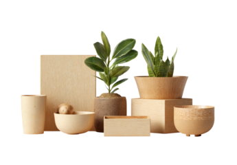 Wooden plant pots and bowls arranged on light beige wooden platforms