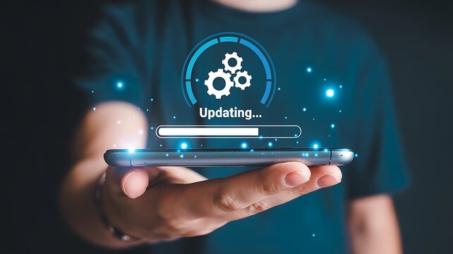 Close-up of a person's hand holding a smartphone with a glowing digital interface showing a loading progress bar and gears icon.