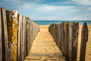 Fototapeta premium Wooden walkway leading to a sandy beach and ocean under a blue sky